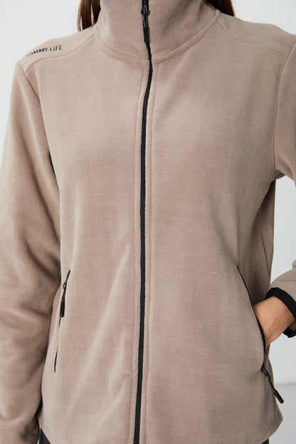 Dark Beige Thick Collar Zippered Comfort Fit Women's Fleece Sweatshirt - 97173