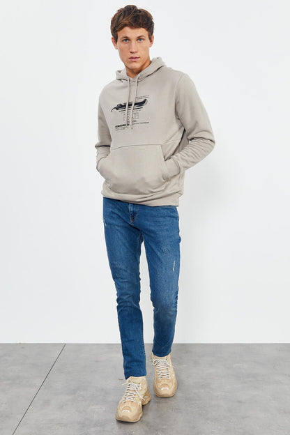 Dark Beige Printed Hooded Kangaroo Pocket Comfort Fit Men's Sweatshirt - 88019