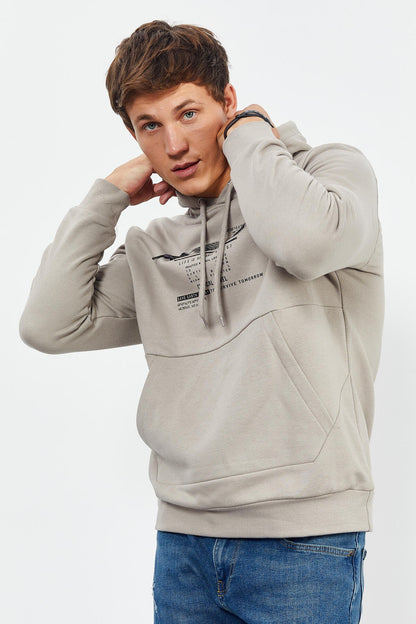 Dark Beige Printed Hooded Kangaroo Pocket Comfort Fit Men's Sweatshirt - 88019