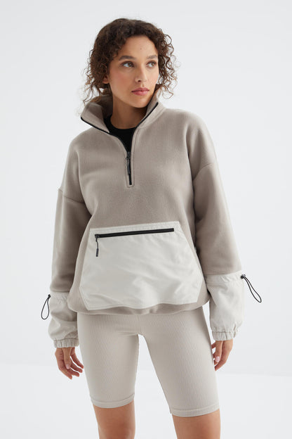 Dark Beige Skirt Hem Gathers Half-Zip Oversize Women's Fleece Sweatshirt - 97238