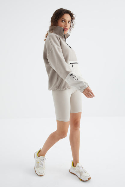 Dark Beige Skirt Hem Gathers Half-Zip Oversize Women's Fleece Sweatshirt - 97238
