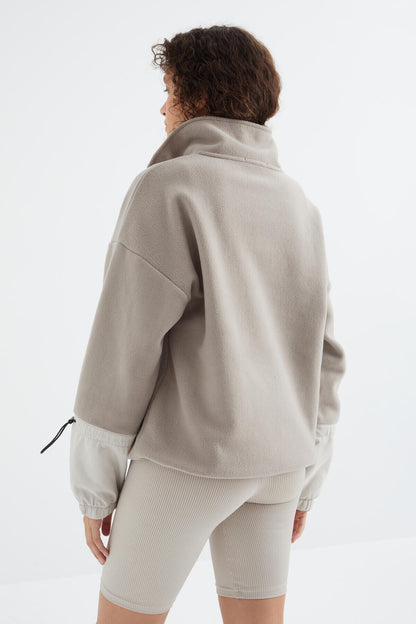 Dark Beige Skirt Hem Gathers Half-Zip Oversize Women's Fleece Sweatshirt - 97238
