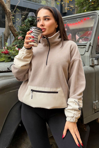Dark Beige Skirt Hem Gathers Half-Zip Oversize Women's Fleece Sweatshirt - 97238