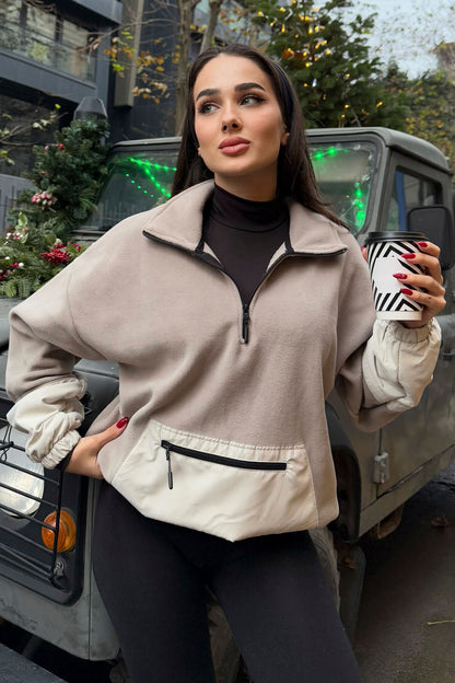 Dark Beige Skirt Hem Gathers Half-Zip Oversize Women's Fleece Sweatshirt - 97238