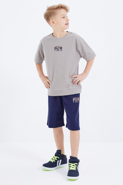 Dark Beige - Indigo Embroidered Oversize Boys' Shorts Set - 10897