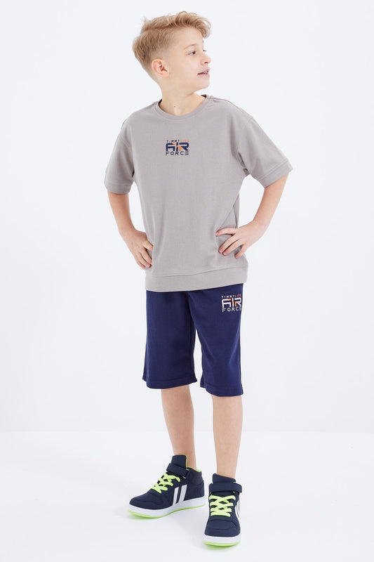 Dark Beige - Indigo Embroidered Oversize Boys' Shorts Set - 10897