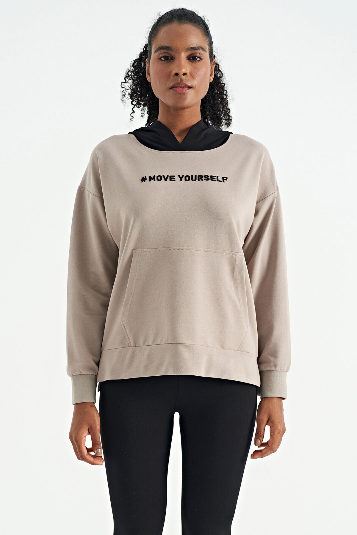 Dark Beige Women's Hooded Kangaroo Pocket Oversize Sweatshirt - 97161