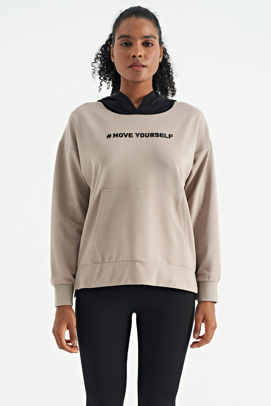 Dark Beige Women's Hooded Kangaroo Pocket Oversize Sweatshirt - 97161