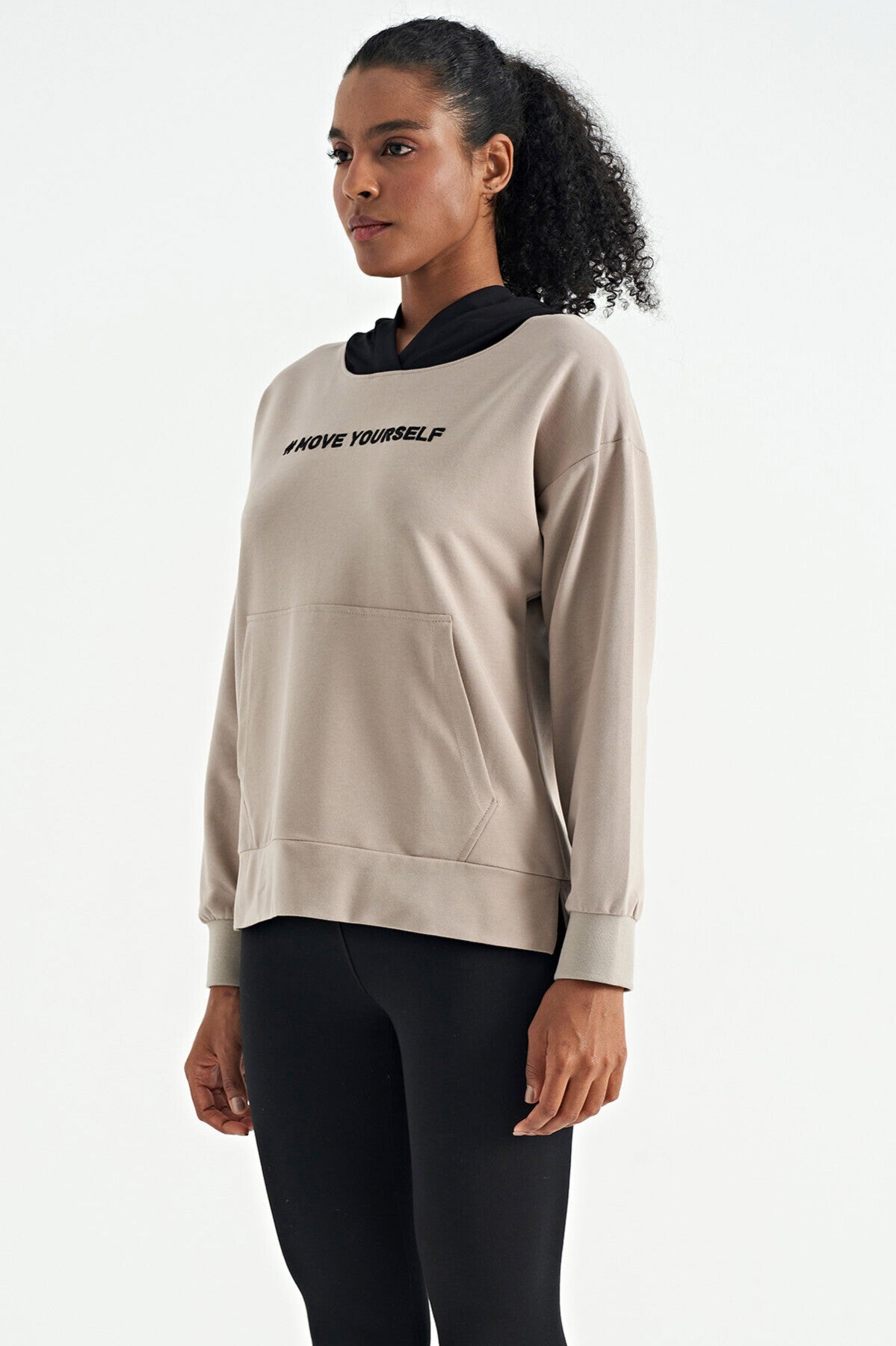 Dark Beige Women's Hooded Kangaroo Pocket Oversize Sweatshirt - 97161