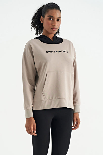 Dark Beige Women's Hooded Kangaroo Pocket Oversize Sweatshirt - 97161
