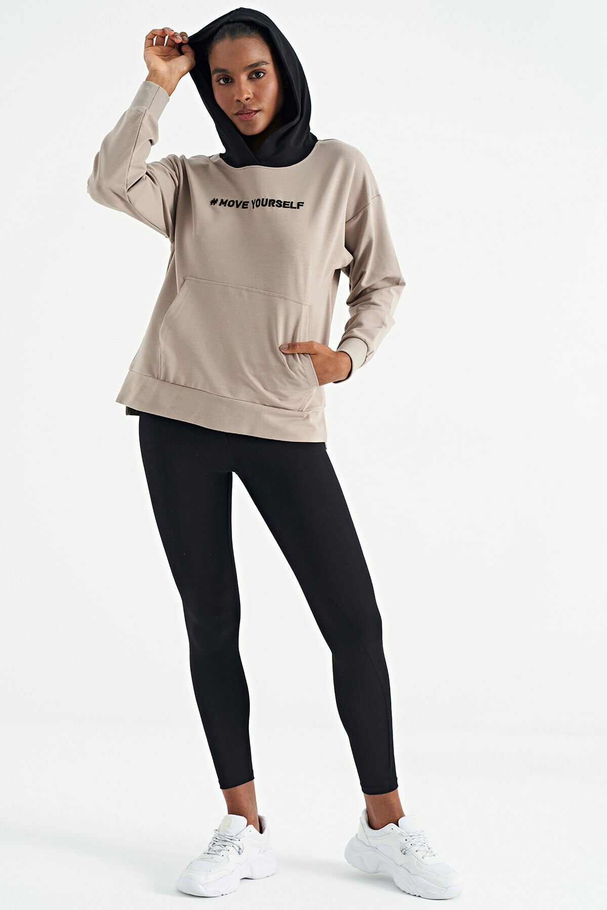 Dark Beige Women's Hooded Kangaroo Pocket Oversize Sweatshirt - 97161