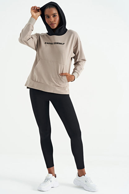 Dark Beige Women's Hooded Kangaroo Pocket Oversize Sweatshirt - 97161