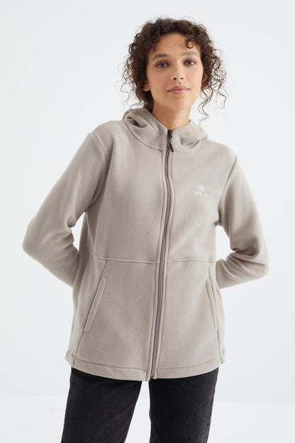 Dark Beige Hooded Zip-Up Comfort Fit Women's Fleece Sweatshirt - 97233