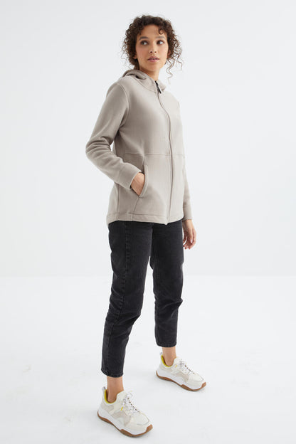Dark Beige Hooded Zip-Up Comfort Fit Women's Fleece Sweatshirt - 97233