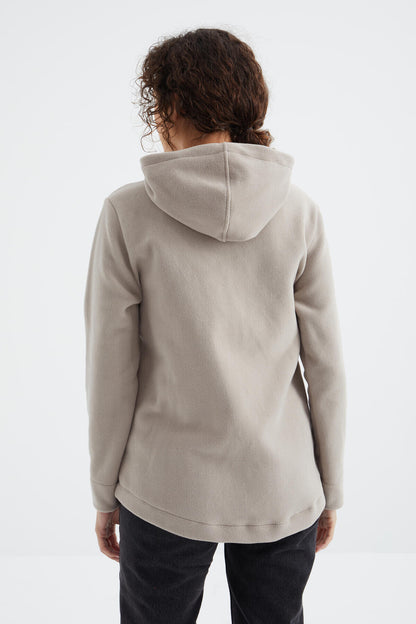 Dark Beige Hooded Zip-Up Comfort Fit Women's Fleece Sweatshirt - 97233