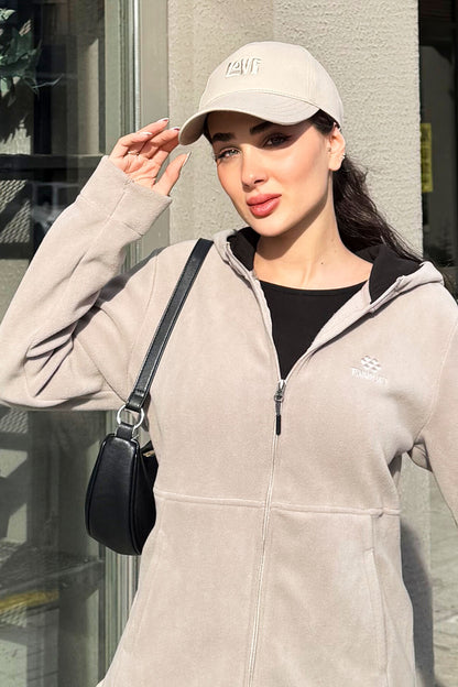 Dark Beige Hooded Zip-Up Comfort Fit Women's Fleece Sweatshirt - 97233