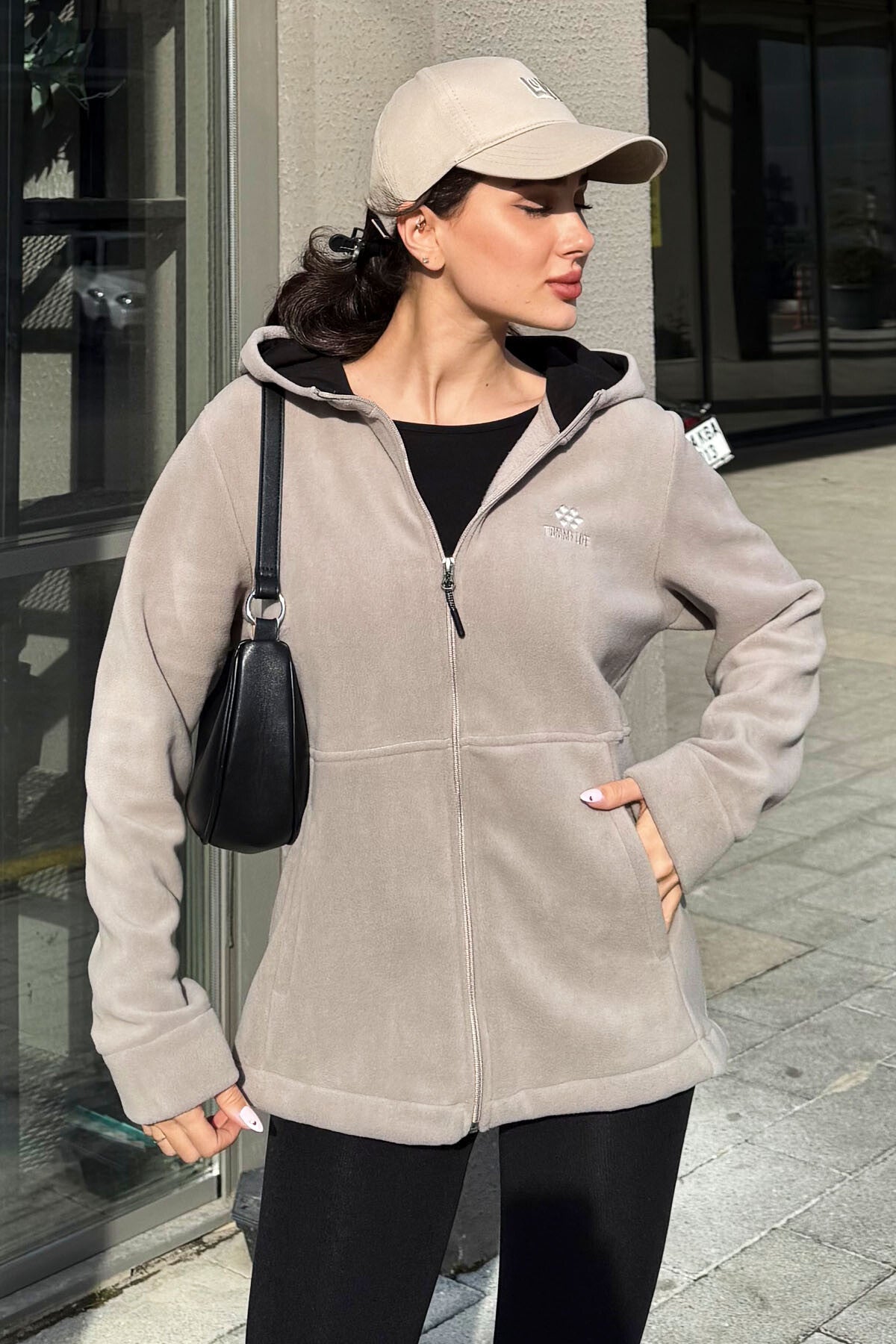 Dark Beige Hooded Zip-Up Comfort Fit Women's Fleece Sweatshirt - 97233