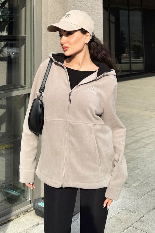 Dark Beige Hooded Zip-Up Comfort Fit Women's Fleece Sweatshirt - 97233