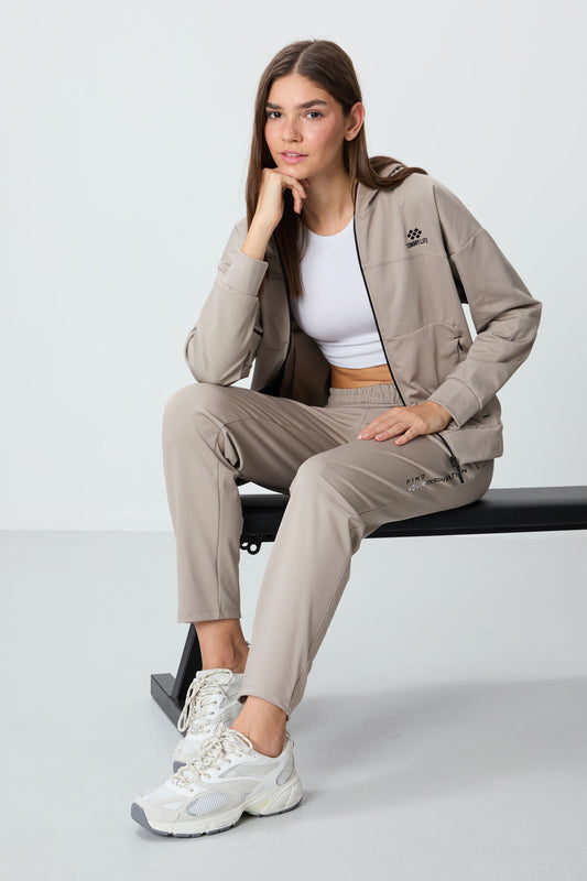 Dark Beige Hooded Hidden Pocket Detailed Standard Cut Women's Tracksuit Set - 95306