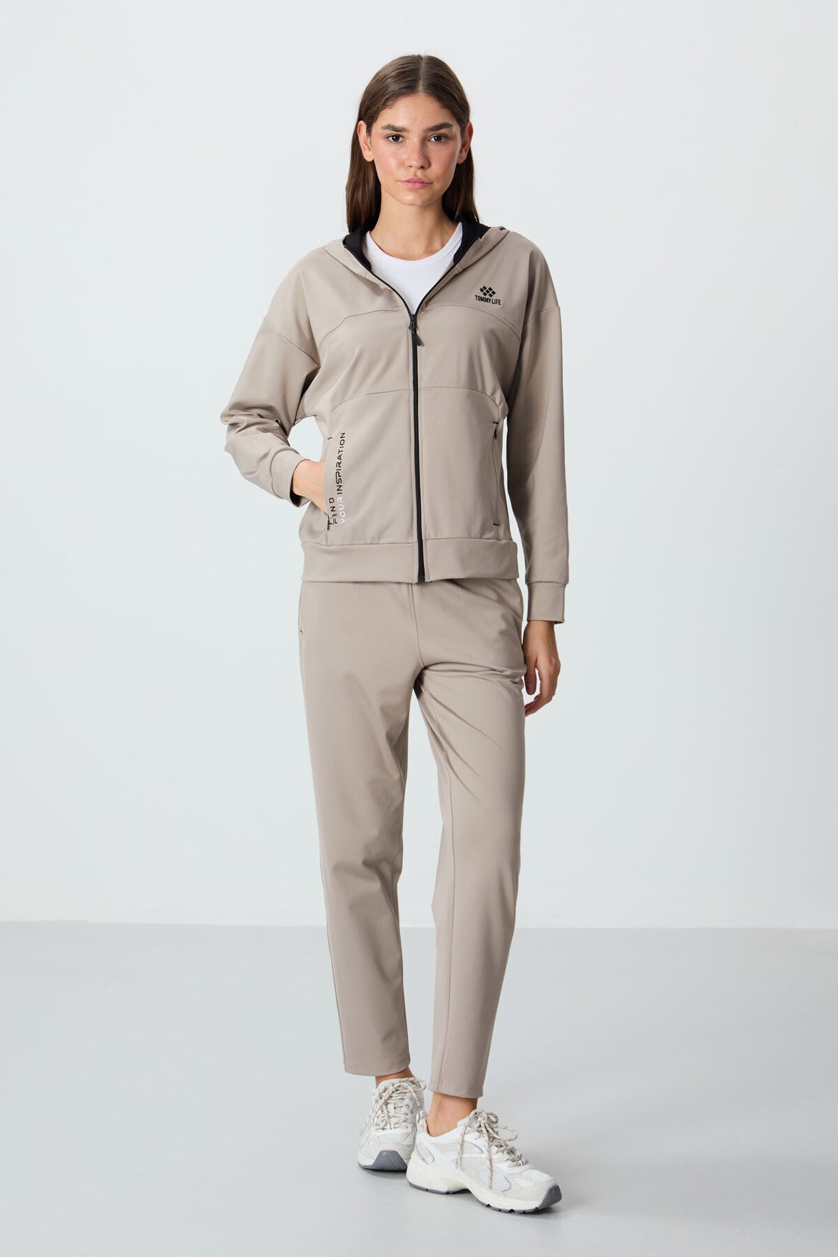 Dark Beige Hooded Hidden Pocket Detailed Standard Cut Women's Tracksuit Set - 95306