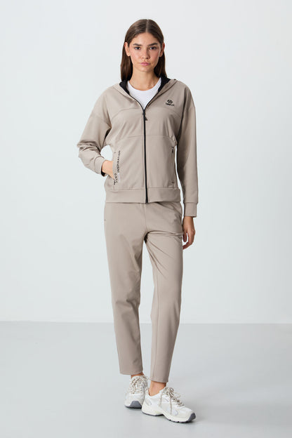 Dark Beige Hooded Hidden Pocket Detailed Standard Cut Women's Tracksuit Set - 95306