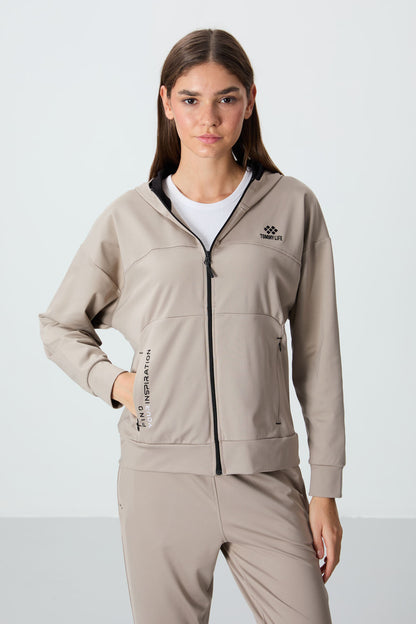 Dark Beige Hooded Hidden Pocket Detailed Standard Cut Women's Tracksuit Set - 95306