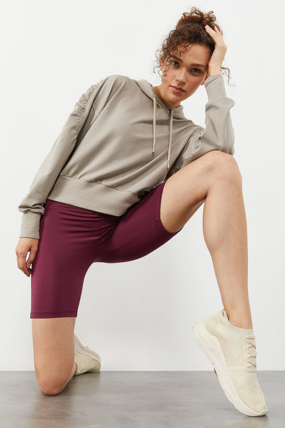 Dark Beige Shoulder Gather Detailed Puff Sleeve Comfortable Fit Women's Sweatshirt - 97166