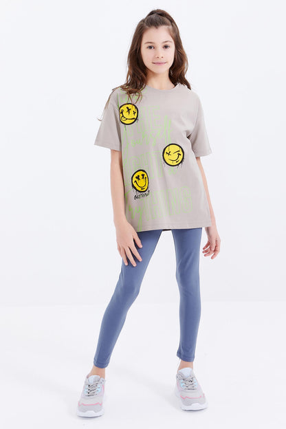 Dark Beige Oversize Emoji Print O Neck Drop Shoulder Girl's T-Shirt - 75042