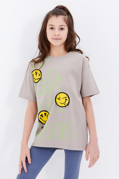 Dark Beige Oversize Emoji Print O Neck Drop Shoulder Girl's T-Shirt - 75042