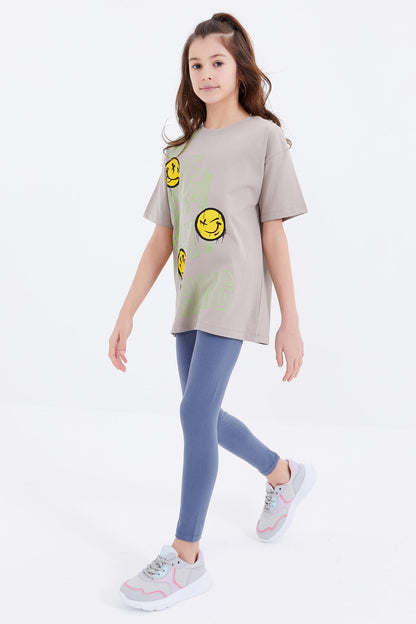 Dark Beige Oversize Emoji Print O Neck Drop Shoulder Girl's T-Shirt - 75042