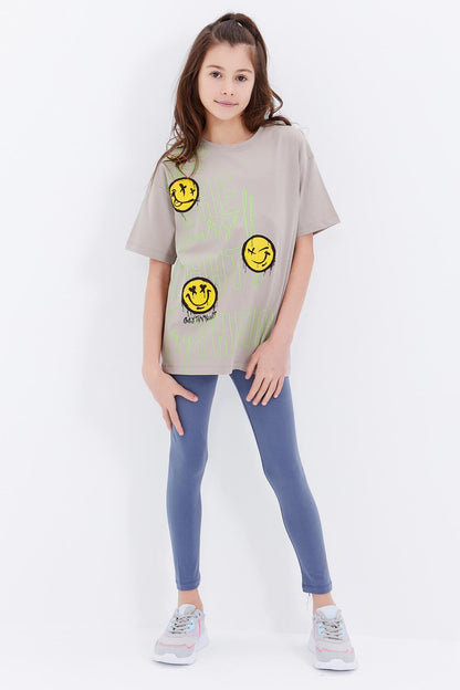 Dark Beige Oversize Emoji Print O Neck Drop Shoulder Girl's T-Shirt - 75042