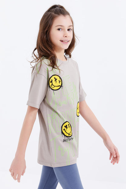 Dark Beige Oversize Emoji Print O Neck Drop Shoulder Girl's T-Shirt - 75042