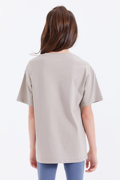 Dark Beige Oversize Emoji Print O Neck Drop Shoulder Girl's T-Shirt - 75042