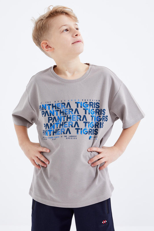 Dark Beige Oversize Printed Short Sleeve O Neck Boys' T-Shirt - 10930