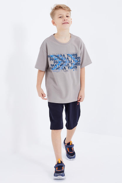 Dark Beige Oversize Printed Short Sleeve O Neck Boys' T-Shirt - 10930