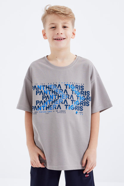 Dark Beige Oversize Printed Short Sleeve O Neck Boys' T-Shirt - 10930