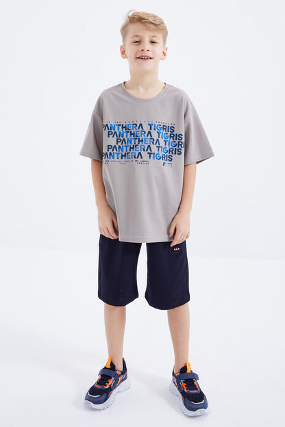 Dark Beige Oversize Printed Short Sleeve O Neck Boys' T-Shirt - 10930