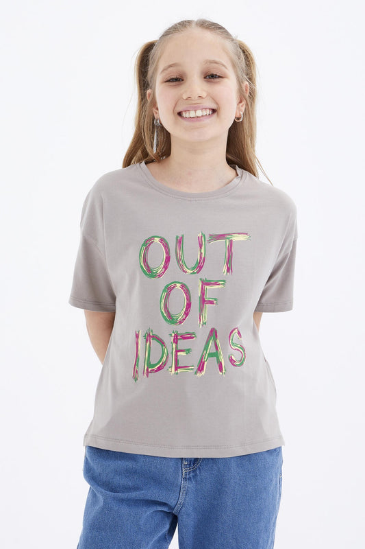 Dark Beige Oversize Print O Collar Drop Shoulder Girls' T-Shirt - 75028