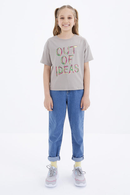 Dark Beige Oversize Print O Collar Drop Shoulder Girls' T-Shirt - 75028