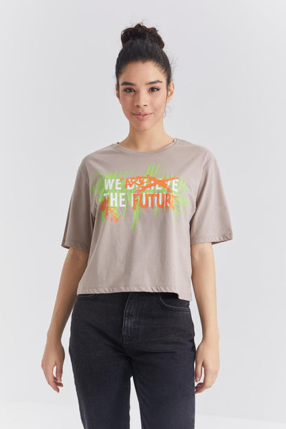 Dark Beige Color Print O Collar Women's Oversize T-Shirt - 97212
