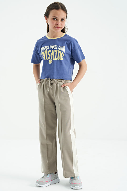 Dark Beige Side Striped Detailed Laced Relaxed Fit Wide Leg Girls' Tracksuit Bottom - 75119