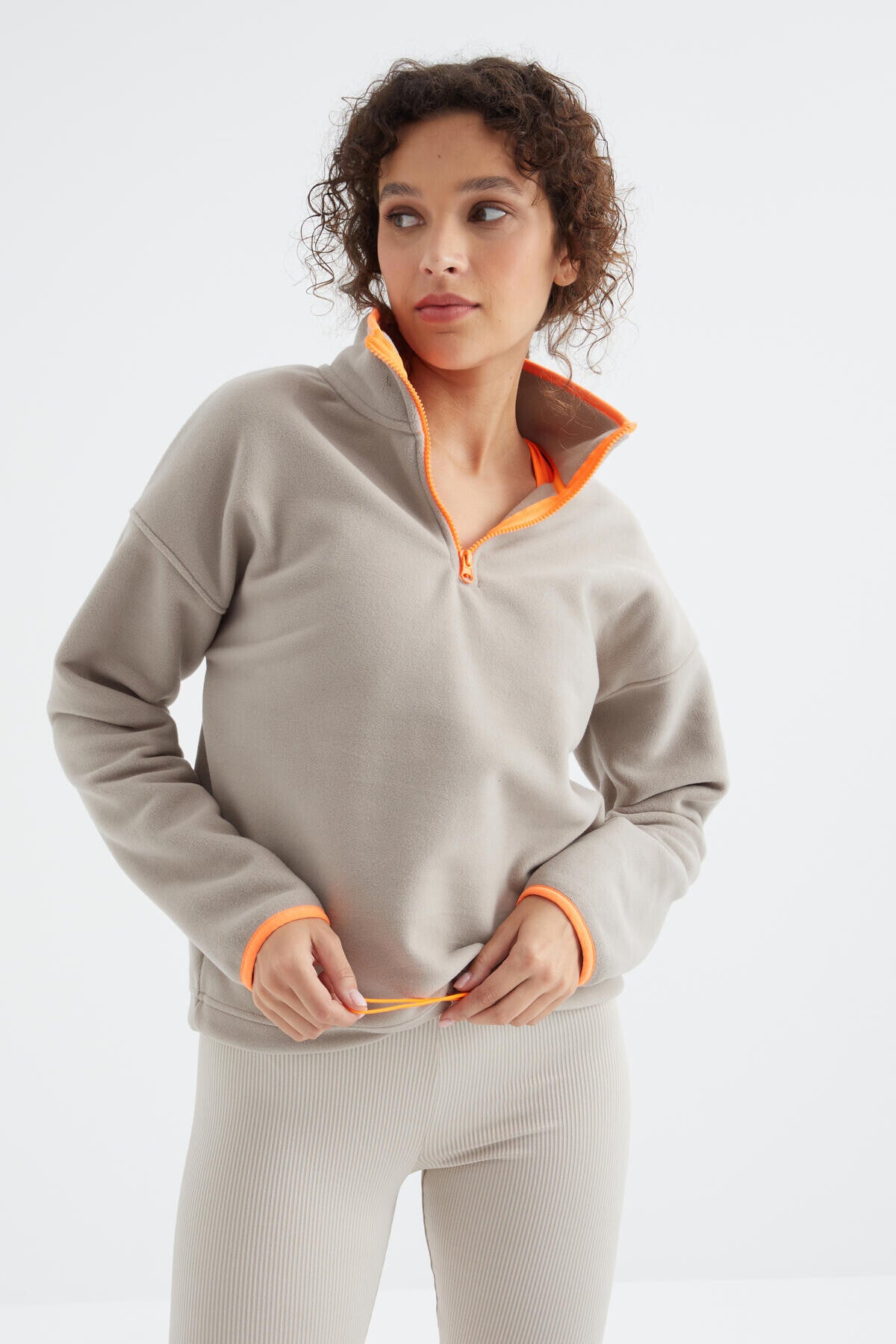 Dark Beige Half-Zip Skirt with Gathered Hem, Stand Collar Oversized Women's Fleece Sweatshirt - 97234