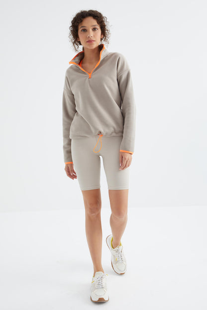 Dark Beige Half-Zip Skirt with Gathered Hem, Stand Collar Oversized Women's Fleece Sweatshirt - 97234