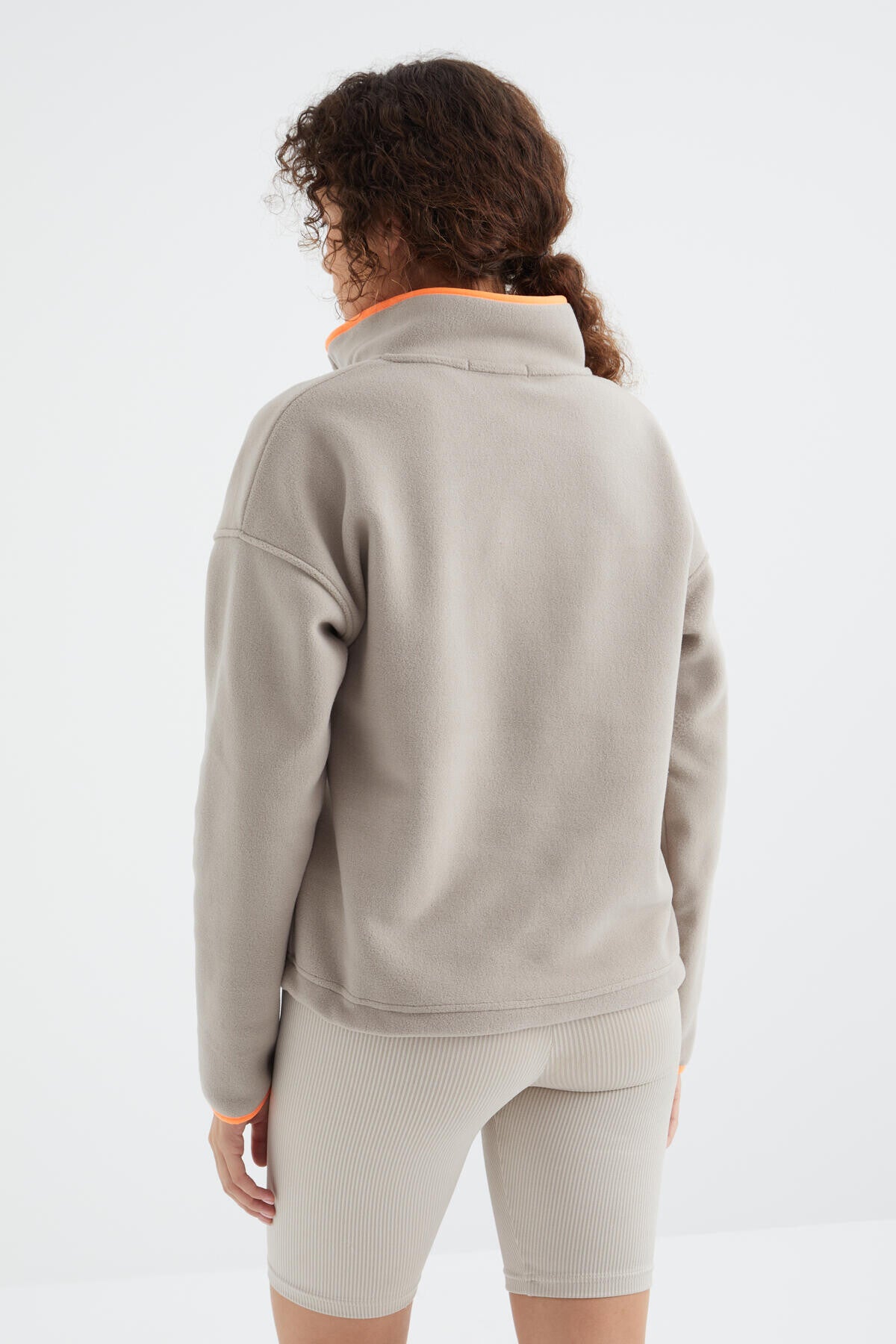 Dark Beige Half-Zip Skirt with Gathered Hem, Stand Collar Oversized Women's Fleece Sweatshirt - 97234