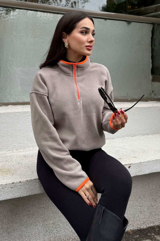 Dark Beige Half-Zip Skirt with Gathered Hem, Stand Collar Oversized Women's Fleece Sweatshirt - 97234