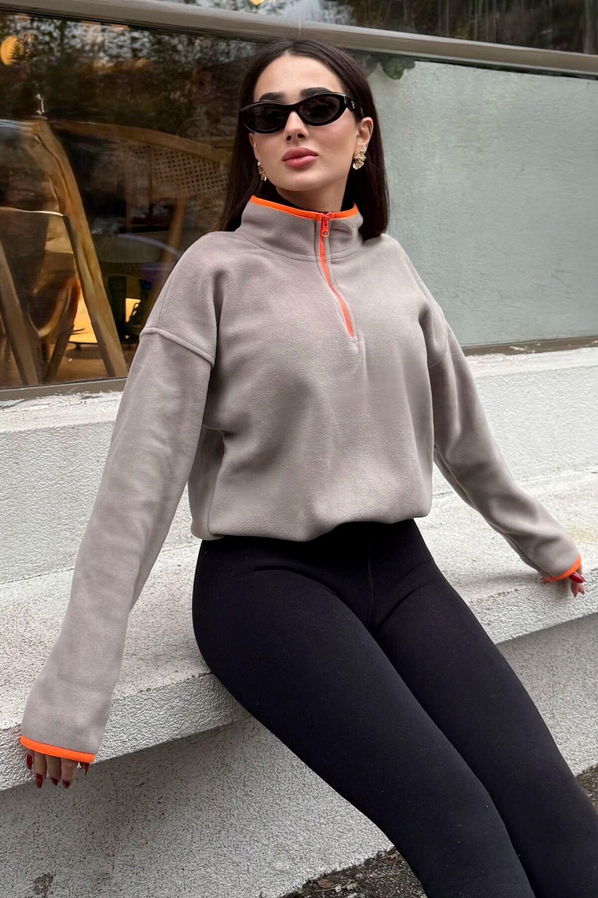 Dark Beige Half-Zip Skirt with Gathered Hem, Stand Collar Oversized Women's Fleece Sweatshirt - 97234