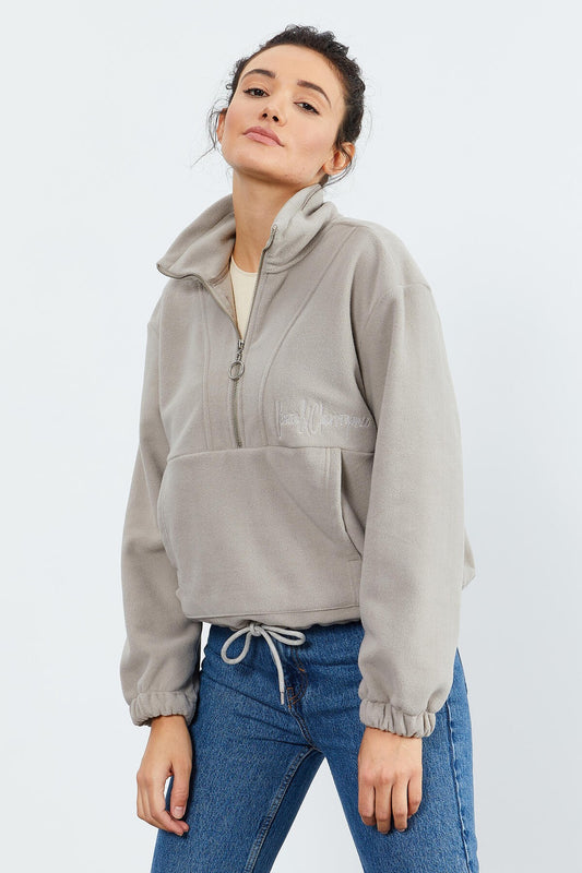 Dark Beige Half-Zip Skirt with Gathered Hem Women's Polar Oversize Sweatshirt - 97171