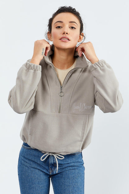 Dark Beige Half-Zip Skirt with Gathered Hem Women's Polar Oversize Sweatshirt - 97171