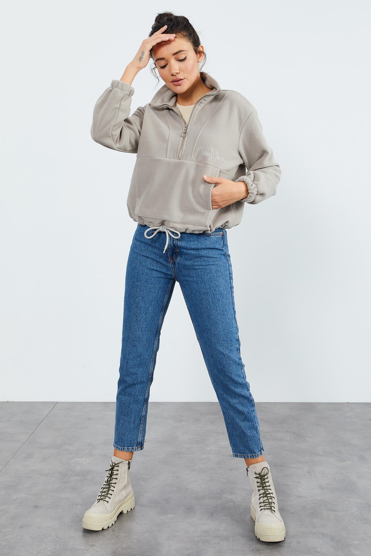 Dark Beige Half-Zip Skirt with Gathered Hem Women's Polar Oversize Sweatshirt - 97171
