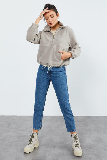 Dark Beige Half-Zip Skirt with Gathered Hem Women's Polar Oversize Sweatshirt - 97171